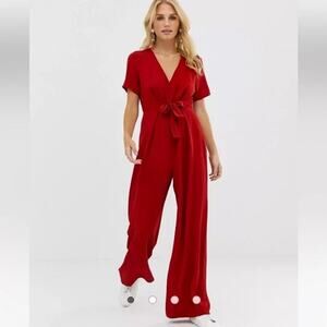 ASOS Red Plunging Backless Tied Waist Wide Leg Jumpsuit SZ 10